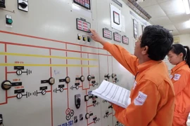 Công nhân đang kiểm tra thông số vận hành máy biến áp. (Ảnh: Mạnh Khánh/TTXVN)
