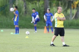 Huấn luyện viên tuyển Việt Nam Park Hang Seo trên sân tập. (Ảnh: Hoàng Linh/TTXVN) 