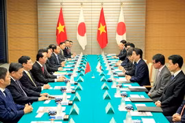 Chủ tịch nước Trần Đại Quang hội đàm với Thủ tướng Nhật Bản Shinzo Abe tại buổi hội đàm. (Ảnh: Nhan sáng/TTXVN)