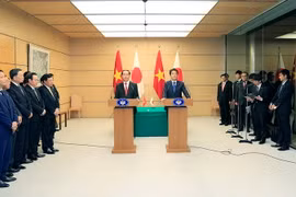 Chủ tịch nước Trần Đại Quang và Thủ tướng Nhật Bản Shinzo Abe họp báo thông báo kết quả hội đàm. (Ảnh: Nhan sáng/TTXVN)