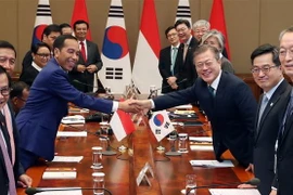 Tổng thống Hàn Quốc Moon Jae-in (thứ 3, phải) và Tổng thống Indonesia Joko Widodo (thứ 3, trái) tại cuộc hội đàm ở Seoul. (Nguồn: YONHAP/TTXVN)