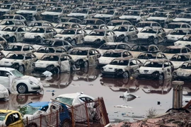 Ôtô bị cháy rụi sau vụ nổ Thiên Tân. (Nguồn: THX/TTXVN)