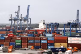 Các container phế liệu nằm rãi rác trong cảng Cát Lái. (Ảnh: Hoàng Hải/TTXVN)