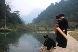 Người Tày, Nùng đi lấy nước đầu nguồn vào mùng Một Tết Nguyên đán. (Ảnh: Chu Hiệu/ TTXVN) 