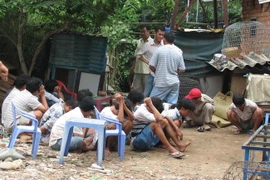 Các con bạc bị bắt quả tang tại hiện trường một trường gà. (Ảnh: Thế Vinh/TTXVN)