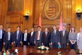 Đoàn đại biểu Việt Nam trong buổi làm việc với Phó Thủ tướng thứ nhất kiêm Bộ trưởng Tài chính Hungary. (Ảnh: Quang Vinh/Vietnam+)