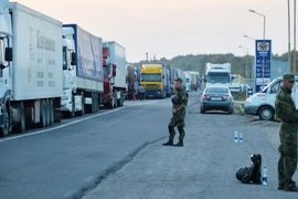 Cảnh sát Ukraine gác gần một trạm biên phòng ở Kalanchak ngày 20/9/2015. (Nguồn: AFP/TTXVN)