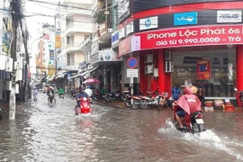 Tuyến đường nội ô thành phố Bạc Liêu ngập sâu trong nước. (Ảnh: Huỳnh Sử/TTXVN) 