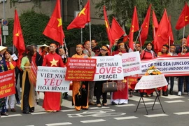 Đoàn người tuần hành cùng các biểu ngữ. (Ảnh: Nguyên Đức/Vietnam+)