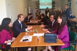 Doanh nghiệp hai bên trao đổi trực tiếp. (Ảnh: Trần Thị Vân Hải/Vietnam+)