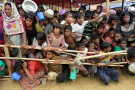 Người tị nạn Rohingya xếp hàng chờ nhận lương thực cứu trợ tại trại tị nạn Thaingkhali ở Ukhia, Bangladeshngày 21/10. (Nguồn: AFP/ TTXVN)