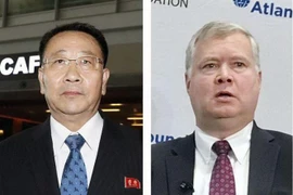 Đại diện đặc biệt của Mỹ về Triều Tiên Stephen Biegun (phải) và Trưởng đoàn đàm phán Triều Tiên Kim Myong-gil (trái). (Nguồn: Kyodo/TTXVN) 