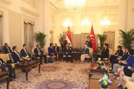 Phó Thủ tướng Thường trực Trương Hòa Bình và Tổng thống Singapore Halimah Yacob trong buổi chào xã giao. (Ảnh: Xuân Vịnh/TTXVN) 