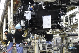Công nhân hãng Toyota làm việc tại dây chuyền lắp ráp xe ô tô Lexus NX ở nhà máy Miyata thuộc Miyawaka, tỉnh Fukuoka. (Nguồn: AFP/TTXVN)