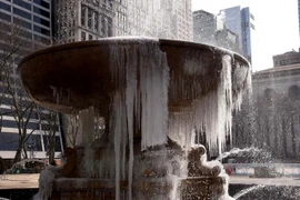 Nước bị đóng băng tại một đài phun nước công viên Bryant ở New York ngày 13/3. (Nguồn: AFP/TTXVN)