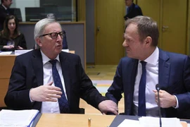 Chủ tịch Ủy ban châu Âu Jean-Claude Juncker (trái) và Chủ tịch Hội đồng châu Âu Donald Tusk tại hội nghị của EU ở Brussels, Bỉ ngày 20/3/2019. (Nguồn: AFP/TTXVN) 