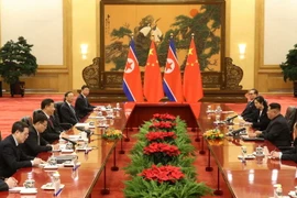 Chủ tịch Tập Cận Bình (thứ 4, trái) đã hội đàm với nhà lãnh đạo Kim Jong-un (thứ 2, phải) tại Đại Lễ đường Nhân dân ở thủ đô Bắc Kinh. (Nguồn: THX/TTXVN)