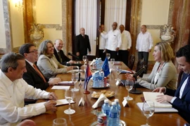 Ngoại trưởng Cuba Bruno Rodríguez (thứ 2, trái) và Đại diện cấp cao phụ trách Đối ngoại và Chính sách An ninh của Liên minh châu Âu (EU) Federica Mogherini (thứ 2, phải) tại buổi hội đàm. (Nguồn: AFP/TTXVN)