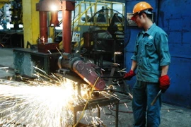 Kiểm tra chất lượng thép ra lò tại nhà máy cán thép của Công ty Cổ phần Gang thép Thái Nguyên. (Ảnh: Hoàng Nguyên/TTXVN)