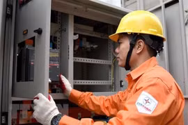 Nhân viên EVN Hà Nội kiểm tra công tác đảm bảo an toàn cấp điện. (Nguồn: TTXVN) 