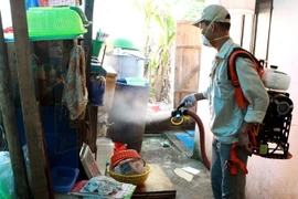 Phun hóa chất tại ổ dịch phường Trương Định. (Ảnh: Dương Ngọc/TTXVN)