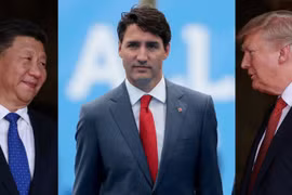 Tổng thống Mỹ Donald Trump (phải), Chủ tịch Trung Quốc Tập Cận Bình (trái) và Thủ tướng Canada Justin Trudeau (giữa). (Nguồn: Yahoo Finance) 