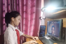 Học sinh lớp 6A2, Trường THCS Hoàng Mai (quận Hoàng Mai, Hà Nội) trong tiết học trực tuyến môn Ngữ văn. (Ảnh: Vietnam+)