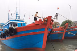 Người dân chằng buộc, neo tàu chắc chắn vào bờ để chống bão. (Ảnh: Nguyễn Oanh/TTXVN)