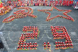 Màn đồng diễn xếp hình cờ Tổ quốc, cờ Đảng chào mừng Quốc khánh 2/9, ở huyện ven biển Hải Hậu, Nam Định. (Ảnh: Công Luật/TTXVN)