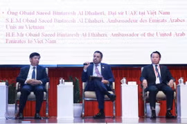 Đại sứ Các tiểu vương quốc Arab thống nhất (UAE) tại Việt Nam Obaid Saeed Bintaresh Al Dhaheri (giữa) phát biểu tham luận. (Ảnh: Lâm Khánh/TTXVN)