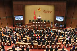 Các đại biểu Quốc hội thực hiên nghi thức chào cờ, kết thúc kỳ họp thứ bảy, Quốc hội khóa XIV. (Ảnh: Văn Điệp/TTXVN)