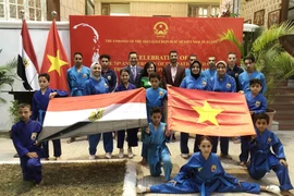 Đại sứ Việt Nam tại Ai Cập Trần Thành Công và phu nhân chụp ảnh cùng câu lạc bộ Vovinam tại Ai Cập. (Ảnh: Việt Khoa/TTXVN)