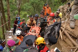 Lực lượng cứu hộ chuyển người còn sống sót tại hiện trường sập mỏ khai thác vàng ở Bolaang Mongondow, Sulawesi, Indonesia, ngày 28/2/2019. (Nguồn: AFP/TTXVN)