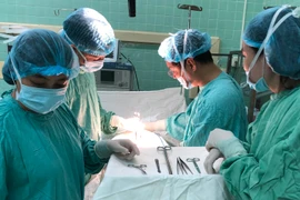 Kíp bác sỹ của Trung tâm Sản phụ, Bệnh viện Trung ương Huế miệt mài với công việc trong đêm Giao thừa. (Ảnh: Mai Trang/TTXVN)