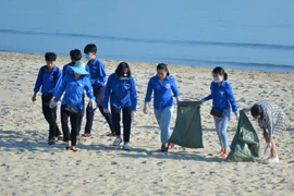 Các Đoàn viên, thanh niên đang tích cực dọn rác ở bãi biển trong chiến dịch Hãy làm sạch biển năm 2019. (Ảnh: Văn Dũng/TTXVN)