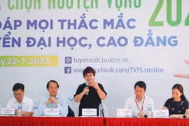 Phó Giáo sư-Tiến sỹ Nguyễn Thu Thủy, Vụ trưởng Vụ Giáo dục Đại học thuộc Bộ Giáo dục và Đào tạo phát biểu tại Ngày hội tư vấn lựa chọn nguyện vọng xét tuyển Đại học, Cao đẳng năm 2023. (Ảnh: Thanh Tùng/TTXVN)