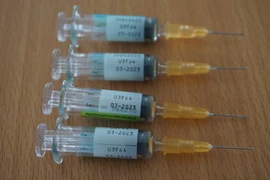 Bốn lọ vaccine Hexaxim có hạn sử dụng tháng 3/2023 đã được tiêm cho trẻ. (Ảnh: Hoa Mai/TTXVN)