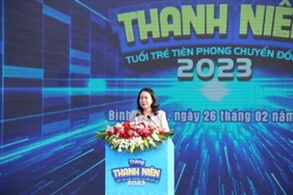 Quyền Chủ tịch nước Võ Thị Ánh Xuân phát biểu chỉ đạo tại Lễ khởi động Tháng Thanh niên 2023. (Ảnh: Nguyễn Thanh/TTXVN)