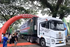 20 container với 360 tấn sầu riêng xuất bến sang thị trường Trung Quốc. (Ảnh: TTXVN phát)