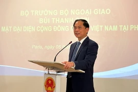 Bộ trưởng Ngoại giao Bùi Thanh Sơn phát biểu tại buổi gặp đại diện cộng đồng người Việt Nam tại Pháp. (Ảnh: Nguyễn Thu Hà/TTXVN) 