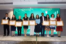 Bà Nguyễn Thị Hồng Diễm, Phó Chủ tịch Liên hiệp các tổ chức Hữu nghị Thành phố Hồ Chí Minh trao giấy khen cho các tập thể có nhiều thành tích xuất sắc trong năm 2022. (Ảnh: Thanh Vũ/TTXVN)