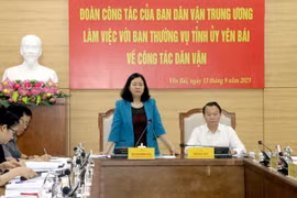 Bí thư Trung ương Đảng, Trưởng Ban Dân vận Trung ương Bùi Thị Minh Hoài phát biểu tại buổi làm việc với Ban Thường vụ Tỉnh ủy Yên Bái. (Ảnh: Việt Dũng/TTXVN)
