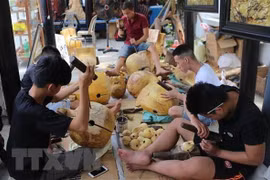 Không gian trưng bày, giới thiệu sản phẩm làng nghề làm mõ của Thừa Thiên-Huế. (Ảnh: Hồ Cầu/TTXVN)