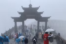Đông đảo khách du lịch đã lên đỉnh Fansipan để chiêm ngưỡng cảnh tuyết rơi. (Ảnh: Quốc Khánh/TTXVN)