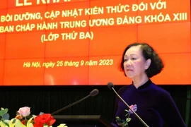 Ủy viên Bộ Chính trị, Thường trực Ban Bí thư, Trưởng ban Tổ chức Trung ương Trương Thị Mai phát biểu chỉ đạo. (Ảnh: Văn Điệp/TTXVN)