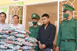 Đối tượng Hồ Trọng Hữu cùng tang vật thu giữ trong vụ bắt giữ pháo lậu ở xã Mỹ Quý Tây, Đức Huệ, tỉnh Long An. (Ảnh: Bùi Giang/TTXVN)