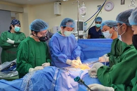 Bác sỹ Nguyễn Phú Hữu đang hướng dẫn đặt các trocar cho các bác sỹ Philippines. (Nguồn: Bệnh viện Bình dân)