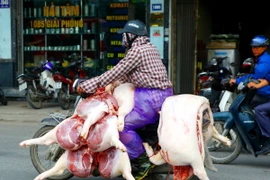 Vận chuyển thực phẩm không che đậy, mất vệ sinh trên địa bàn Hà Nội. (Ảnh: Ngọc Hà/TTXVN)