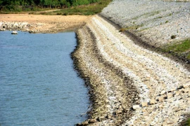 Hồ chứa thủy điện An Khê, mực nước đã xuống thấp 3-4m. (Ảnh: Hoài Nam/TTXVN)