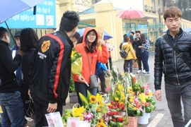 Sinh viên bán hoa khắp các cổng trường đại học. (Ảnh: Quế Anh/Vietnam+)